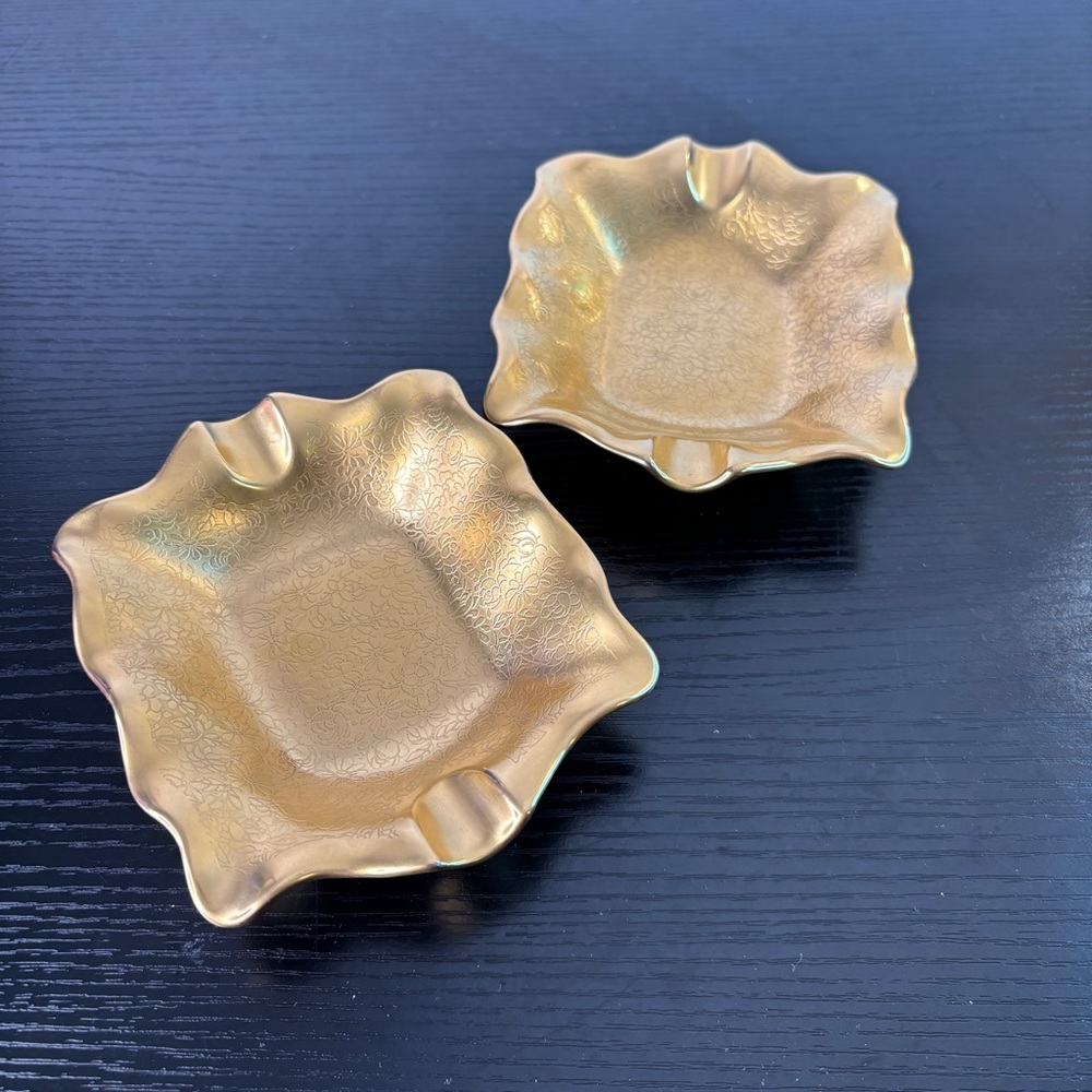 Pair of Vintage Pickard 24k Gold Encrusted 5"×4" Ashtrays Made In USA #136